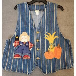 Vtg‎ Vivaldi Jeanswear Vest Womens Large Blue Denim Fall Appliqués USA Made EUC